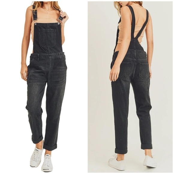 Risen Jeans Black Distressed Overalls Cotton Rigid Denim Sz S - Picture 1 of 14